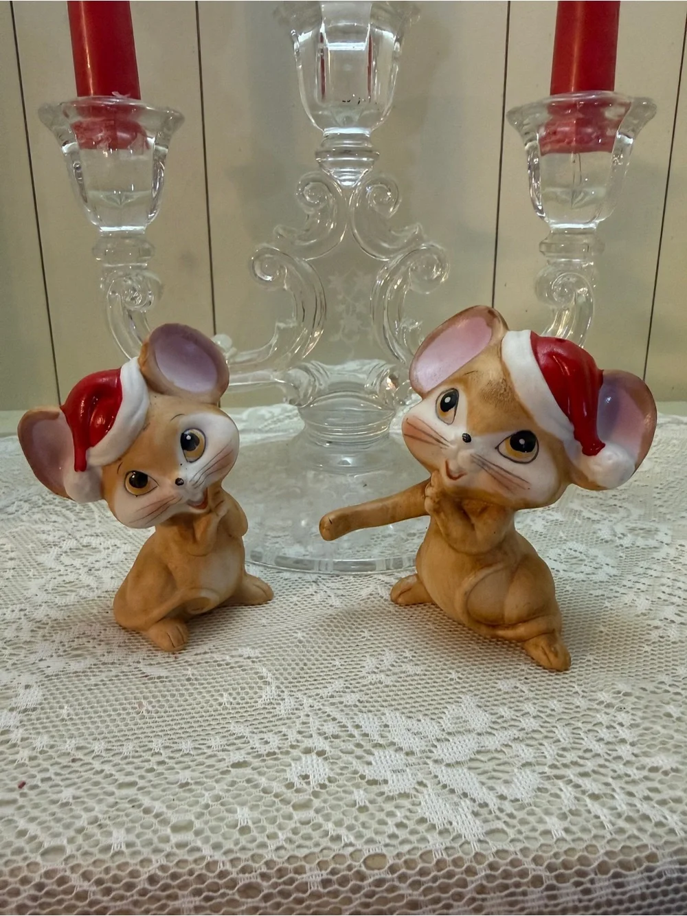 Vintage Christmas Ceramic Mouse Salt & Pepper Shakers with Red Santa Hats